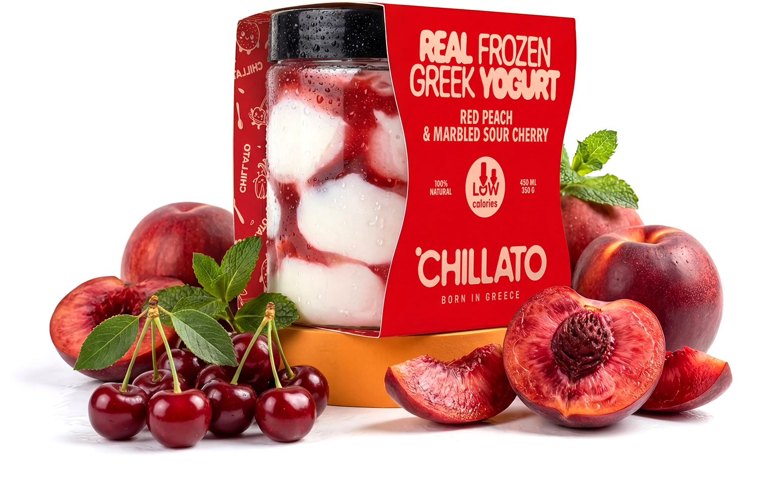Chillato Real Frozen Greek Yogurt με κόκκινο ροδάκινο και βύσσινο